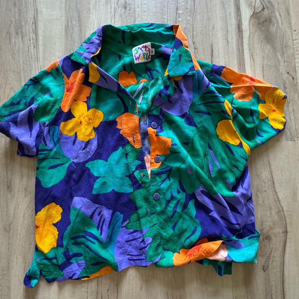 Vintage Jams World Purple and Green Button Down Shirt Tropical Style